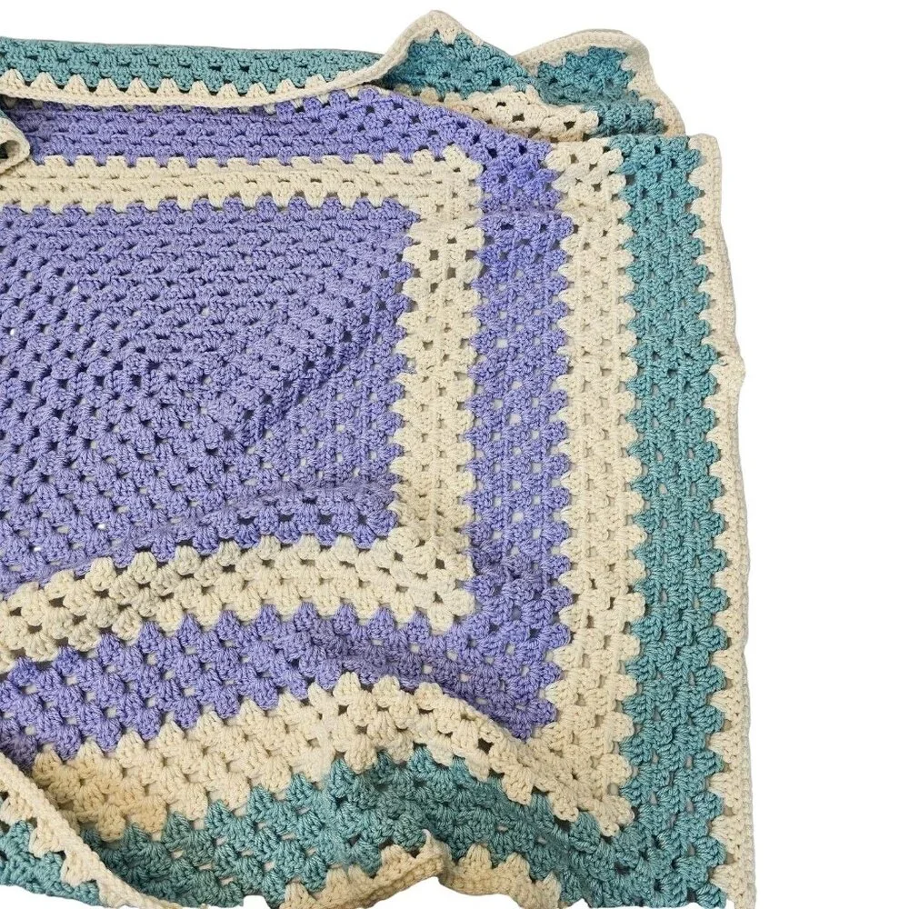 VTG Crochet Handmade Knit Throw Lap Blanket Muted Tone Green Purple Grannysquare